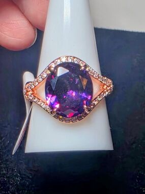 Rose Gold-Style Ring with Purple Center Stone and Pavé Halo